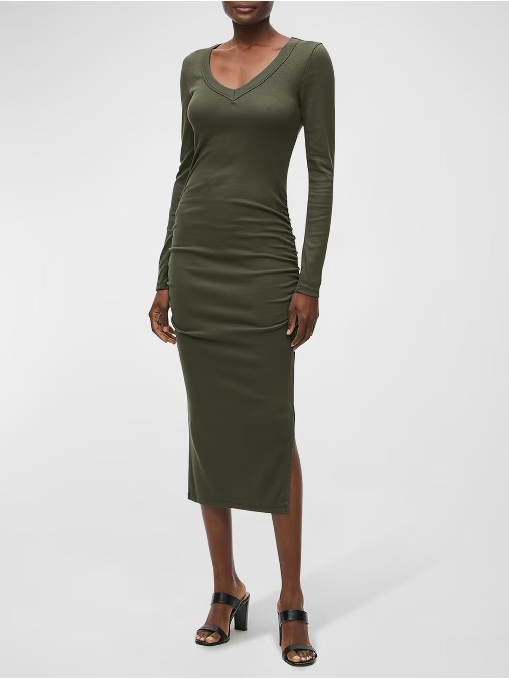 Michael Stars Nova Ultra Rib Fitted Ruched V-Neck Dress Green Stretch Fitted XS